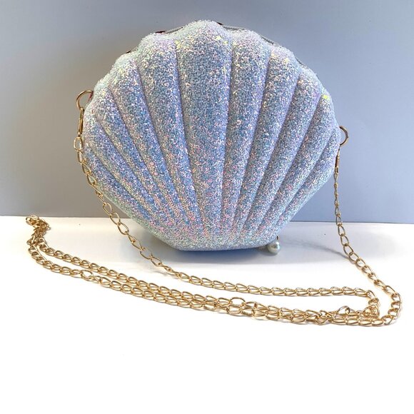 Glam Clam / Sparkle Seashell Crossbody Handbag / White W/ Silver- NWT - Picture 6 of 13